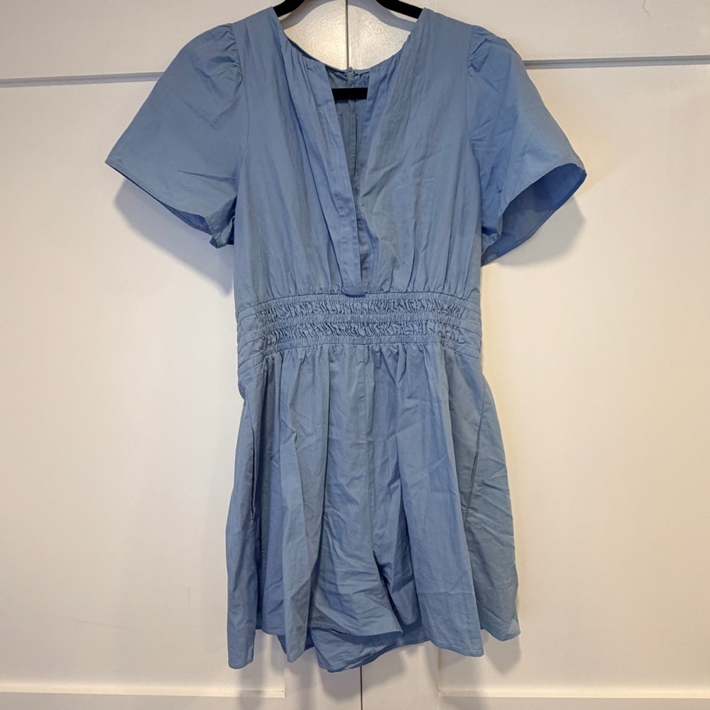 Anthropologie Powder Blue Short Sleeve Smocked Waist Mini Dress